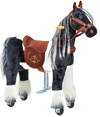 Ponnie Reitpferd mit Rollen Domino S (3-6 Jahre), Spielpferd zum Reiten mit Abnehmbarer Braun Sattel und Halfter mit Zaumzeug, Kämmbare Mähne und Schwanz, Plüschpferd zum Reiten für Kinder