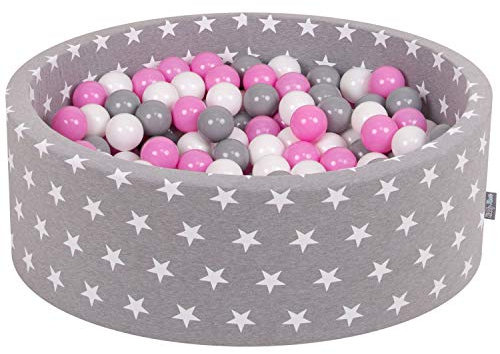 KiddyMoon Rund Bällebad Bällepool 90X30cm/200 Bälle ∅ 7Cm Sterne-Muster Ballgruben Für Babys Spielbad Kleinkinder, Hergestellt In Der EU, Grausterne: Grau/Weiß/Hellpink