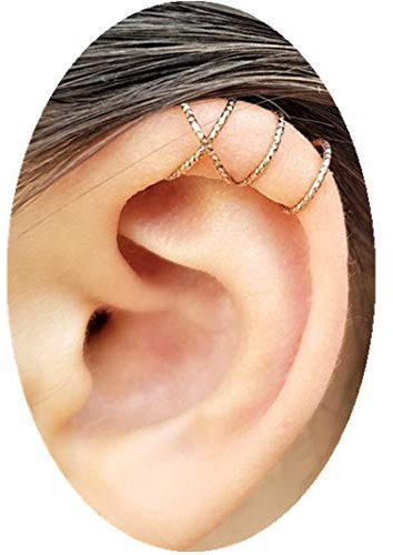 Manchettes d'oreille, manchette d'oreille double ligne et manchette d'oreille en ligne croisée pour femmes No Piercing, boucle d'oreille en faux cartilage, fil à rayures en or 14 K rempli ensemble 2
