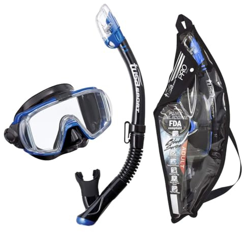 TUSA Sport Adult Visio Tri-Ex Mask and Dry Snorkel Combo, Black/Metallic Blue, UC-3125PQB-MB
