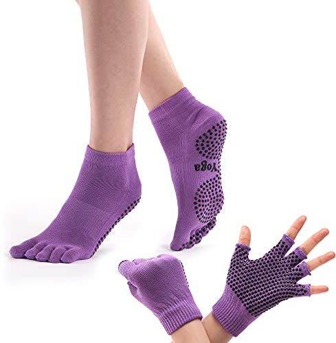 ThreeH Yoga Socken und Handschuhe Set Rutschfest für Frauen Yoga Dance und Pilates mit Zehen Size4.5-7