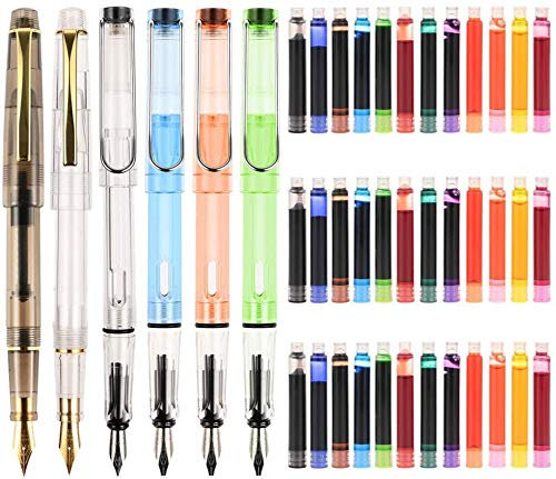 Goldge Füllfederhalter mit 24 Tintenpatronen, ideal als Geschenk für Kinder und Erwachsene, transparente Stifte in 6 Farben