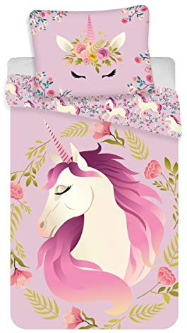 Jerry Fabrics Einhorn Unicorn Wende Bettwäsche Kopfkissen Bettdecke für 135/140x200 cm rosa