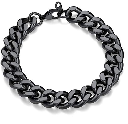 FindChic Armband Herren Schwarz Edelstahl Armbänder Schicke Panzerkette Armkette 12mm Kubanische Gliederarmband Schwer Cuban Bracelet 21cm lang Rock Armschmuck für Vater Bruder Jungs Freund