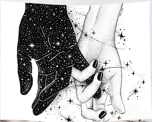 Amiiba Schwarz-weißer Wandteppich mit Liebeshänden, Sterne, Galaxie, Wandbehang, abstrakte romantische Kunst, Heimdekoration für Schlafzimmer, Wohnzimmer (Hände, M - 150 x 130 cm)