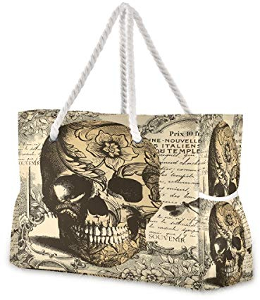 Mnsruu Strandtasche mit Baumwollseilgriffen, Retro-Vintage-Totenkopf, Reißverschluss oben, Mehrzweck-Tragetasche, wiederverwendbare Einkaufstasche, Wäschesack, Mehrfarbig, Einheitsgröße