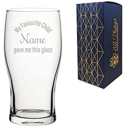 Personalised Engraved Tulip Pint Glass, My Favourite Child gave me This Glass Design, Personalise with Any Name for Any Parent