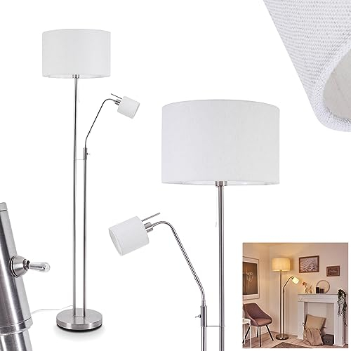 Stehleuchte Antillo, 2-flammige Bodenlampe aus Metall in Nickel matt, modernes Design mit weißem Stoffschirm, 1 x E27 und 1 x E14, Standlampe mit Schalter am Gehäuse, ohne Leuchtmittel