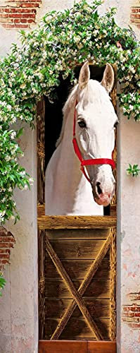 A.Monamour Sticker Porte Autocollant Poster De Porte 3D Cheval Blanc dans Le Thème des Animaux D'Écurie Vinyle Affiche De Porte Sticker Mural Papier Peint Art Décor 77 x 200 cm