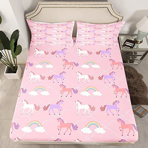 Kinder Einhorn Spannbetttuch Set Niedlich Einhorn Druck Spannbettlaken 90x200cm mit 1 Kissenbezüge Kawaii Mädchen Bettlaken Set Rosa Lila Regenbogen Tierdruck Zimmer Dekor Kein flaches Blatt