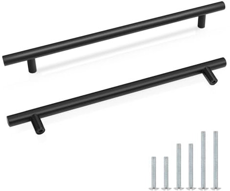 Probrico Black Cupboard Door Handles, Black Steel T Bar Cabinet Handle, 256mm Hole Centres for Cupboard, 5 Pcs Wardrobe Door Handle
