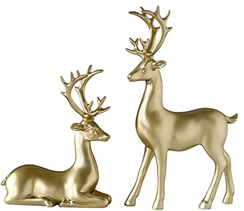 BULINGNA 2Pcs Christmas Reindeer Figurines, Resin Elk Sculpture Miniature Figurine Xmas Deer Statue Artificial Animal Crafts Home Decoration Ornament (Solid Gold)