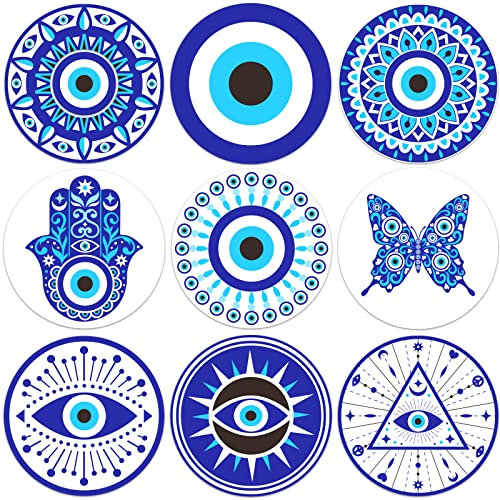 BENECREAT 9Pcs Evil Eye Holzuntersetzer, 10cm Durchmesser Schmetterlings Mandala n Holz Getränk Untersetzer für Küchen Tisch Bar Schalen Heim Speise Dekor, 5mm Dick