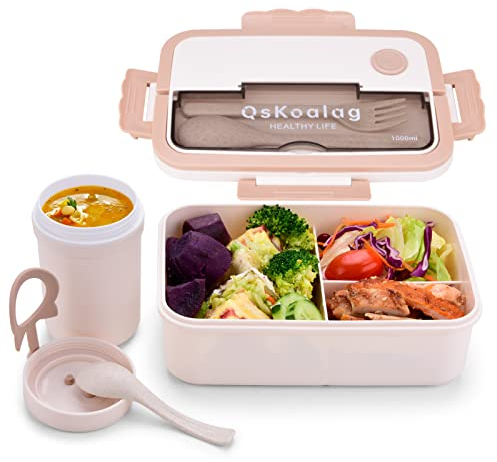 Nineaccy Bento Lunch Box, All-in-One Easy Pack Lunch Box with Compartments for Adults and Kids - 1000ml Plastic Food Container with Lid, Reusable Bento Box Set with Spoon, Fork and Cup (1000ML)