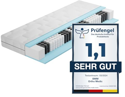 BMM Matratze 90x190 cm Ortho Medic Taschenfederkernmatratze Härtegrad H2/Öko-Tex Zertifiziert/ergonomische 7 Zonen Matratze Höhe 21 cm/Matratzen produziert in Deutschland