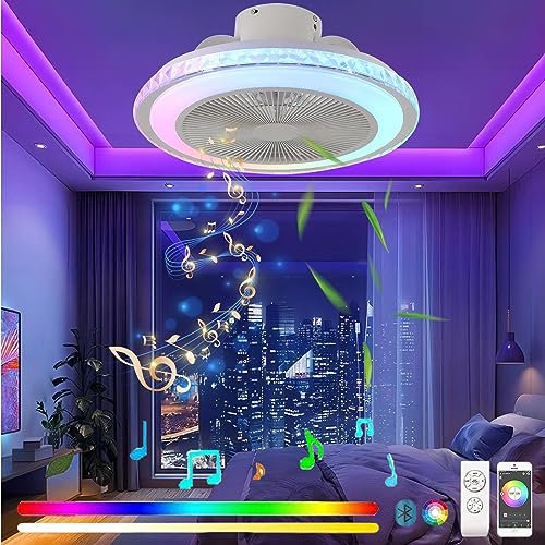 RGB Regulable Ventilador de Techo con Luz, LED 42W Silencioso Ventiladores de Techo Lampara con Mando Distancia y APP, Moderno Inteligente Ventilador de Techo con Ritmo Musical Bluetooth, 48CM/Blanco