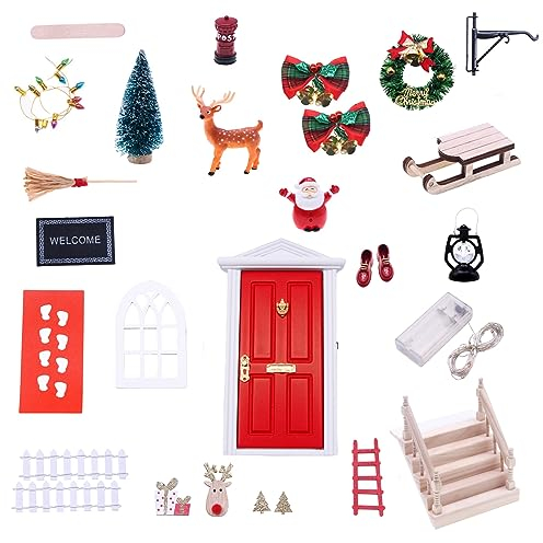 Qivine 27 Stück Wichteltür Set, Miniatur Wichtel Zubehör Holz Weihnachtswichtel Tür mit Zäun, Leiter, Stiefel, Kranz, Feentür DIY Weihnachtsdeko Geschenk Set für Kinder