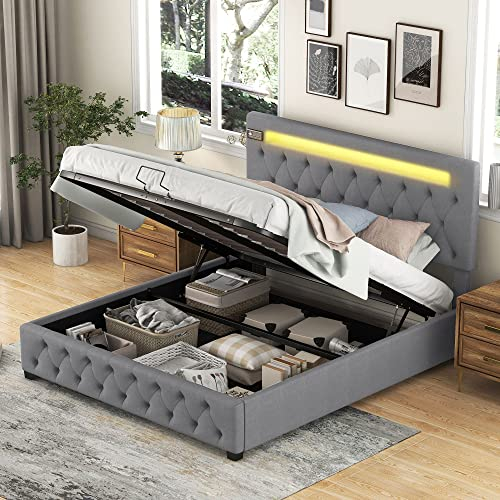 Merax Polsterbett 140x200cm mit LED-Beleuchtung, Bluetooth-Player und USB, Hydraulisch Doppelbett mit Lattenrost & Bettkasten, Bettgestell mit Verstellbares Kopfteil, Leinen, ohne Matratze, Grau