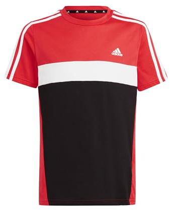 adidas Unisex Kinder Tiberio 3-Stripes Colorblock Cotton Tee Kids, Bright red/Black/White, 9-10 Years