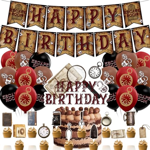 Escape Room Party Dekorationen Inklusive Escape Room Happy Birthday Banner Kuchen Topper Cupcake Toppers Ballons für Escape Room Geburtstagsparty Zubehör