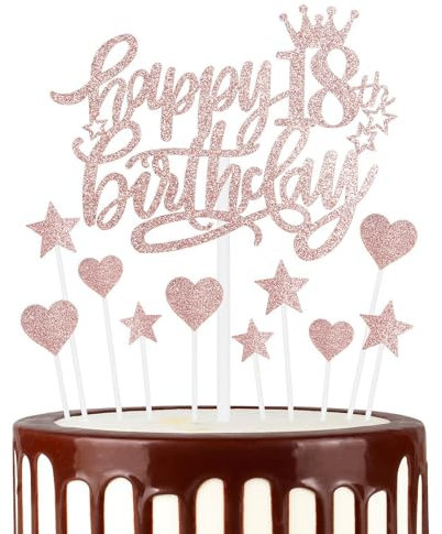 Happy 18th Birthday Cake Toppers, Rose Gold Cake Cupcake Toppers for Cake, Glitter Heart Stars Cake Toppers, Birthday Gift, Personalised Cake Toppers for Women Girls 18th Birthday Cake Decorations
