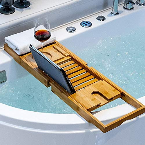 OHMG Pont de Baignoire Extensible Bambou,Plateau de Rangement Baignoire Expérience de Spa,Plateau en Bambou Naturel de Baignoire,avec Support pour Verre à Vin,Livre et Tablette