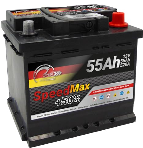 SMC Autobatterie Speed Max 55Ah 12V 520A Starterbatterie für Autos mit hohem Energiebedarf ersetzt 40 44 50 52 53 55 ah überlegene Leistung Pluspole Recht Wartungsfrei