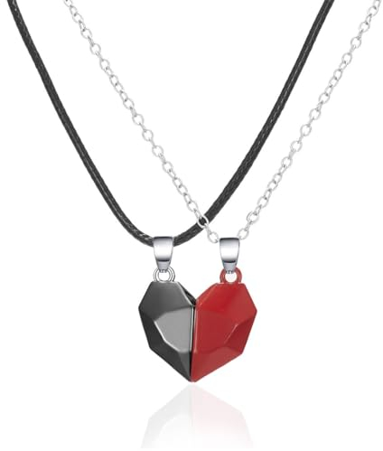 HZAOPZE 1 Paar Halskette Magnetisch Herz Passender Puzzle Anhänger für sie und ihn Magnet Herzkette Freundschaft Kette für Liebe Herren Damen Paare Geschenk Valentinstagsgeschenk, Schwarz und Rot