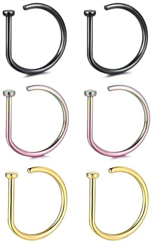 OISJHW 6 Pcs Piercing Ring In D-Form Aus Edelstahl 20G Nasenpiercing Offene Kreise Für Septum 3 Farben Nasenringe Hypoallergen Nostril Piercing D Ring Hoop Für Septum Ohr Tragus Lippe 8Mm,