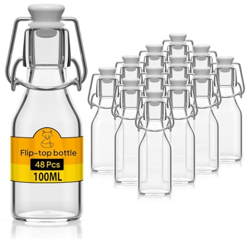 Flaschen-Fuchs Juego de 48 botellas de vidrio de 100 ml con cierre hermético - Botella para aceite, vino, licores, agua, cerveza, jugos de fruta, conservas y leche - Botellitas de vidrio pequeñas