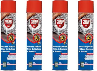 PROTECT EXPERT 4 Aérosols Anti Guêpes & Frelons - 4x600ml - Mousse Et Jet Longue Portée - Traitement A Distance - Pulvérisation Jusqu’à 3 Mètres - Action Choc & Foudroyante GUEPMOUS600X4