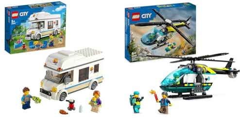 LEGO City Starke Fahrzeuge Ferien-Wohnmobil Spielzeug, Spielzeugauto Campingbus & City Rettungshubschrauber, Hubschrauber-Spielzeug für Kinder