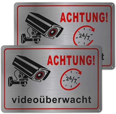 Achtung Videoüberwachung Schild, 2 Stück 30 x 20cm Aluminium Achtung Videoüberwacht mit Selbstklebend und 4 Bohrlöcher Hinweisschild Kameraüberwachung