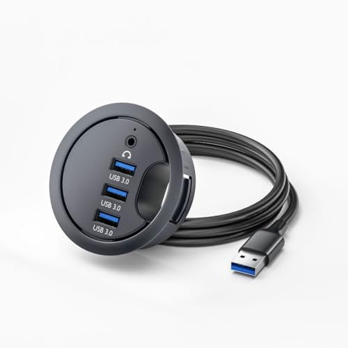 chenyang HUB desktop USB 3.0 con montaggio a incasso, HUB con 3 porte USB 3.0, foro passacavo da 2,36 (60 mm) con porta audio da 3,5 mm