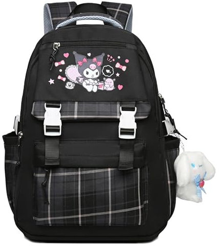Roffatide Anime Kuromi Print Business Casual Laptop Schultern Rucksack Wandern Reise Daypacks Rucksack 17 Zoll Schwarz (mit niedlichen Anhängern)