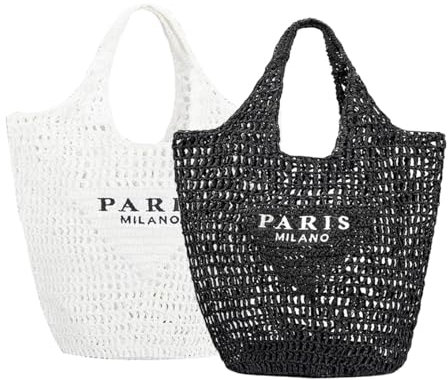 Stroh Strandtasche für Frauen Paris Milano Strohsack Strandtaschen Schultertasche Sommer handgewebte Tote Bags Geldbörse für Damen Beuteltasche (Schwarz+Weiss)