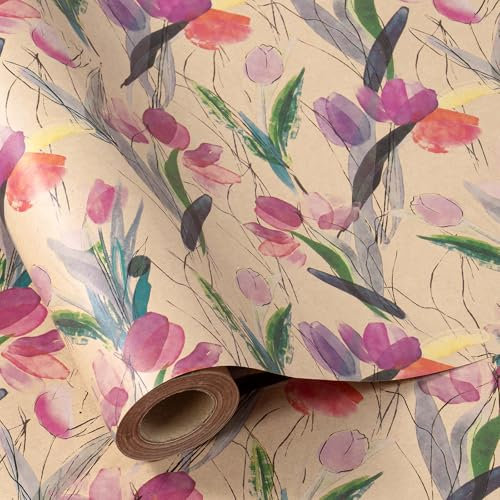 RUSPEPA Kraft-Geschenkpapierrolle – Minirolle – Rosa Blumen- und Blätterdesign, ideal für Geburtstage, Partys, Babypartys – 43,2 cm x 10 m
