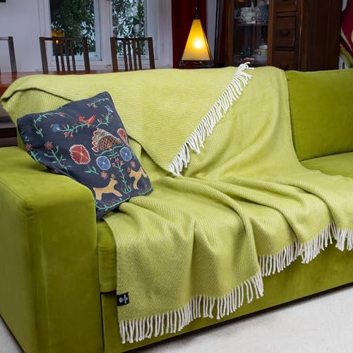 PinkZebra Sehr Dicke Sehr Warme Merinowolle Decke 500 g/m², ca. 160 x 200 cm, aus 100% Reiner natürlicher neuseeländischer Wolle, Tagesdecke, warme Kuscheldecke, weiche Wohndecke, Hellgrün