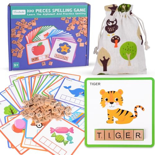 Buchstaben Lernen, Montessori Spielzeug ab 3 Jahre mit 30 Doppelseitigen Lernkarten, 100 Holzbuchstaben, 1 Stoffbeutel, Lernen Rechtschreibspielzeug Geschenke für Kinder im Alter von 3 4 5 6 7 Jahren