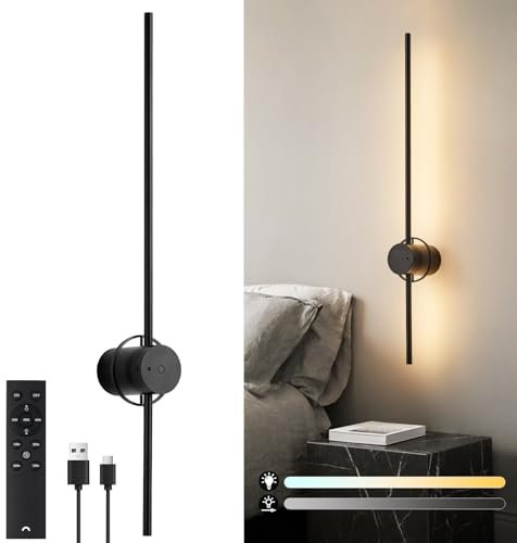 HARPER LIVING Battery Operated Wall Light - USB Rechargeable Wall Lamp with Remote & Touch Control - 80cm Black 360° Rotation Dimmable LED Wireless Wall Sconce Light for Living Room Bedroom Office