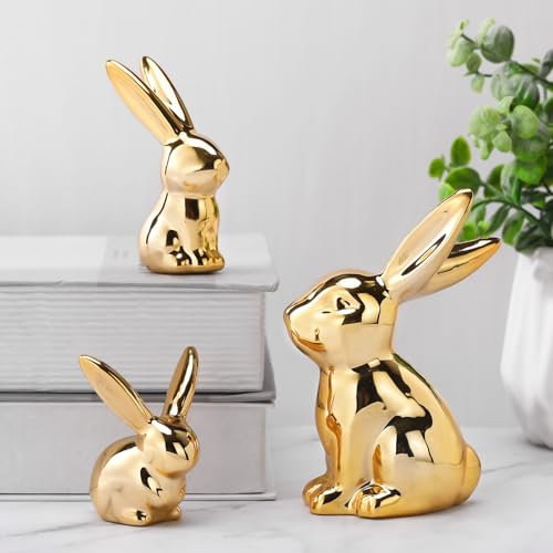 Wesiti Oster-Dekoration, goldener Hasen-Figuren-Set, 11,4 cm, 7,6 cm, Keramik, Osterhasen-Statue, Vintage-Hasen-Figur, Geschenk für Zuhause, Büro, Tischdekoration, Frühlingsparty-Zubehör (L, M, S)