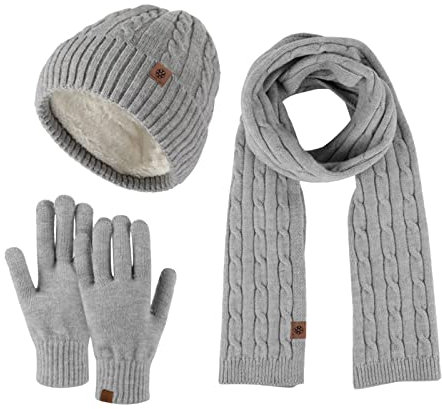 Damen Mütze Schal Set Fleece Gefüttert Bommelmütze Mit Bommel Fleece Wollmütze Kaschmir Strickhandschuhe Thermo Strickschal Elegant Gestrickte Hüte Gloves Flauschig Tuch 3 In 1 Warmes Set