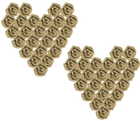 PATIKIL Glitter Roses, 50 Pcs Foam Artificial Flowers Roses Heads Real Looking Fake Flowers Bulk with Stem for DIY Wedding Bouquets Centerpieces Wreath Home Party Decoration, Gold