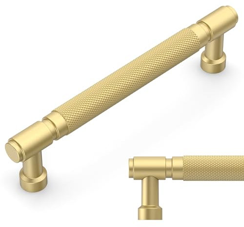 Amerdeco 10 Pack Gold knurled Cabinet Pulls 5 Inch(128mm) Hole Center Drawer Pulls Cabinet Hardware Kitchen Cabinet Handles for Bathroom AM032
