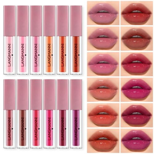 Lipgloss Set, 12 Farben Lipgloss Set, Spiegel-Lippenstift-Set, Feuchtigkeitsspendendes, langanhaltendes, wasserfestes Lippenstift-Set, Beauty-Kosmetik-Set für Mädchen(A)