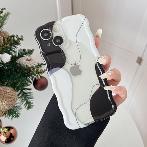 DEFBSC Compatible with iPhone 14 Case, Cute Wavy Curly Shape Colour Mix Aesthetic Design Durable Stylish Shockproof Full Camera Protection Clear Phone Cover for Girls Women - Black