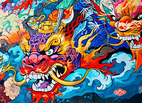 Lucky Puzzles | 1000 Piece Jigsaw Puzzles for Adults | Kabuki Red Dragon | Vibrant Graffiti Art Puzzle | Japanese Dragon Puzzle | Fantasy Puzzles for Adults | Satin Finish | Ages 14+