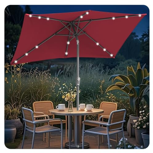 ISOISL Parasol rectangulaire 210 x 140 cm / 300 × 200 cm - Avec éclairage LED - Rectangulaire - Inclinable - Grand parapluie pour balcon, terrasse, jardin, Parapluie rectangulaire avec LED rouge,