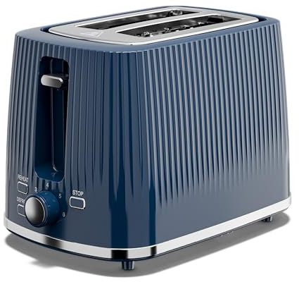Cello TR191-BL Blue 2 Slice Toaster with Textured Design, Wide Slots, 850W Power, 7 Browning Levels, Cancel Reheat Defrost, High Lift, Crumb Tray, Cord Storage, Illuminated Controls