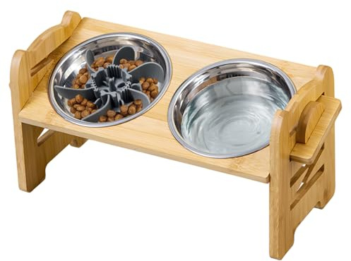 DOKKOME Hundenapf Höhenverstellbar Futternapf Erhöht Hundebars für Hunde mit Bambus Ständer für kleine Hunde und Katzen Futterstation rutschfest Edelstahlnäpfe Gelenkschonend (Bambus)